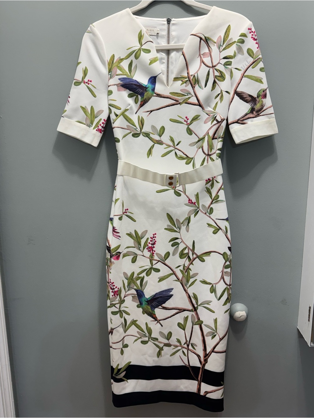 Ted Baker White Botanical Hummingbird Midi Dress with Black Trim
